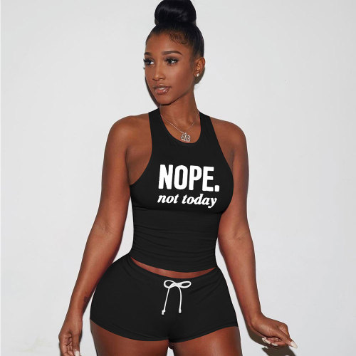 Casual Black Printed Letter Sports Sleeveless Tank Top Shorts Set
