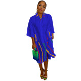 Woven Irregular Print Patchwork Mid Sleeve Shirt Dress with Pockets