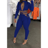 Fashion Women's Long Sleeves Open Front Bandage Crop Top Outfits Club 2pcs