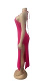 Solid Sleeveless Slit Knitting Women's Cutout Halter Sexy Long Dresses