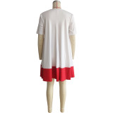 Summer Printed Short Sleeve O Neck Color-block Pleated Dress with Pockets