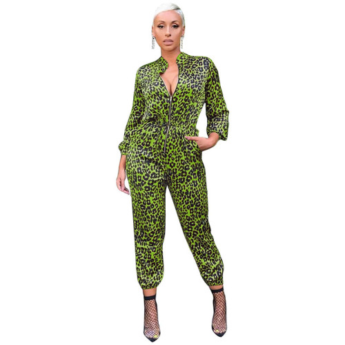 Autumn and Winter Long Sleeve Leopard Print Jumpsuit