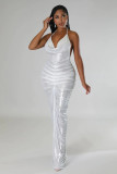Solid Color Deep V Halter Stacked Maxi Dresses
