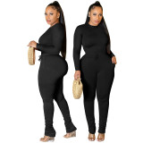Womens Casual O Neck Long Sleeve Ruched Solid Color Bodycon Two Pieces