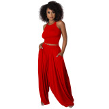 Red Casual Knitted Straps Backless Top & Pleated Harem Pants
