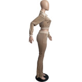 Autumn Winter Khaki Velvet Sports Sweatshirt Crop Top and Trousers