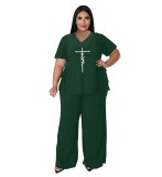 Plus Size Solid Printed V-Neck Short Sleeve Side Lace-Up Two-Piece Set