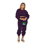 Autumn Winter Round Neck Loose Solid Color Crop Sweatshirt Pant Set