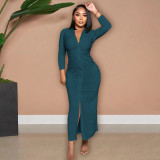 Solid Color V Neck Ruched Maxi Dress