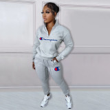 Autumn Winter Zipper High Neck Printed Sweatshirt Casual 2 Piece Pant Set