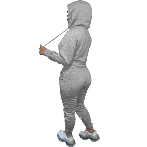 Solid Grey Fleece Hooded Sweatshirt Pant Set