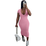 Solid Color Casual Deep V Pit Mid Dresses