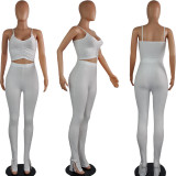 Solid Color Straps Crop Top and Trousers with Side Slit