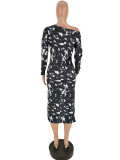 Print Slanted Shoulder Hem Split Dress