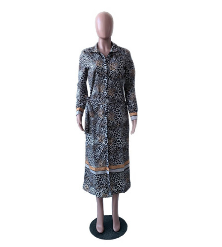 Casual Print Lapel Split Long Shirt Dress