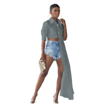 Grey Button Up Suit Collar Asymmetrical Shirt