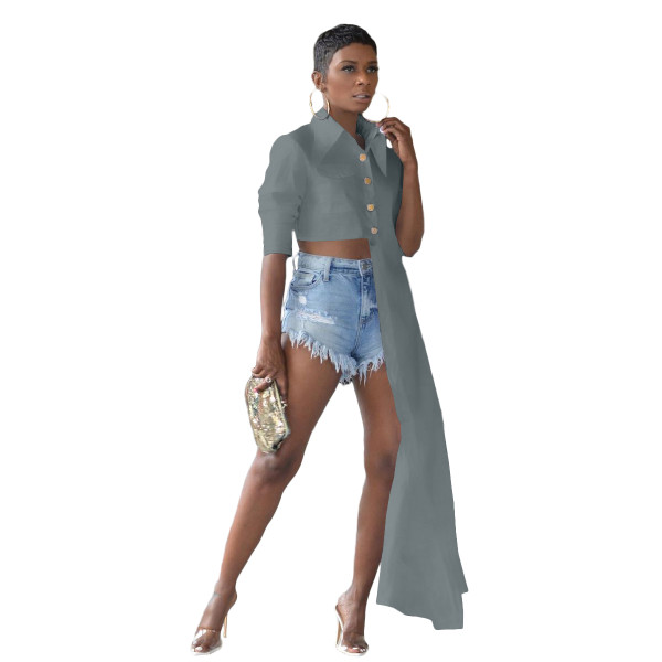 Grey Button Up Suit Collar Asymmetrical Shirt