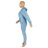 Autumn Winter Thick Drawstring Jogger Two Piece Light Blue Sweatpants and Hoodie Set