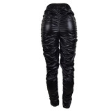 Solid Color PU Leather Stacked Trousers Women Faux Leather Pants