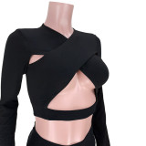 Sexy Cross Cutout Sports Two Piece Women Clothing Set with Hollow Out
