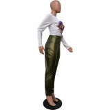 Solid Color High Waist High Elastic Leather Pencil Pants
