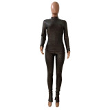 Casual Bronzing High Neck Two Piece Set