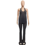 Solid Color Translucent Pit Halter Backless Flared Trousers Two Piece