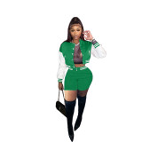 Green/White Air Layer Women Fall Two Piece Set Sweatshirt Crop Jacket Top Shorts Sports Baseball Uniform