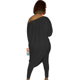 Casual Black Printed Letter Skew Neck Asymmetric Hem Two Piece Pants Set Women