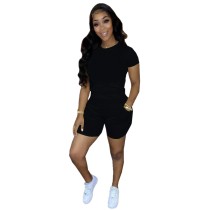 Solid Color Short Sleeve Women Clothing 2 Piece Set