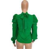 Women Bow Back Stand Neck Puff Long Sleeve Blouses Tops