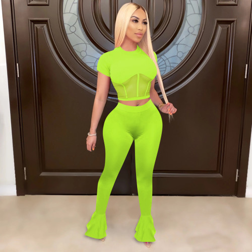 Fluorescent Green Women Fitness Mesh Stitching Clothing Wear Flared Trousers Women Set