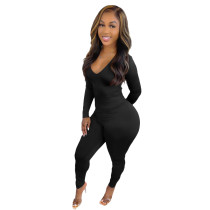 Casual Solid Black Drawstring Wrinkles Backless V Neck Skinny Jumpsuits