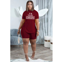 Casual Wine Red Letter Print Slit Eyelet Lace Up O Neck Short Sleeve Tracksuit Shorts Set