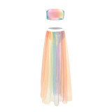 Sexy Printed Gradient Colorful Wrap Mesh Long Hakama Skirt Two Piece Set