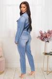 Slim Fit Washed Denim Jumpsuit with Pockets