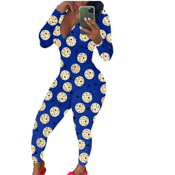Casual Long Sleeve Pattern Print Loungewear Jumpsuit