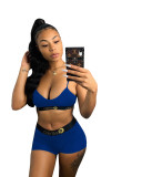 Solid Color Stitching Print Letter Straps Shorts Set