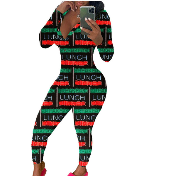 Casual Long Sleeve Pattern Print Loungewear Jumpsuit