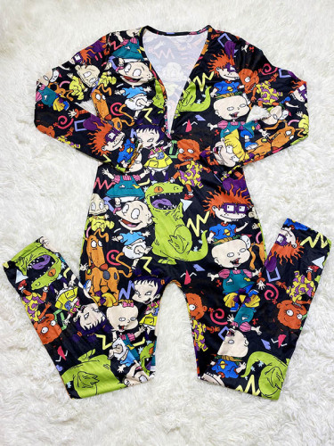 Casual Long Sleeve Pattern Print Loungewear Jumpsuit