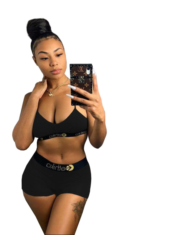 Solid Color Stitching Print Letter Straps Shorts Set