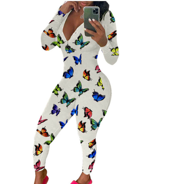 Casual Long Sleeve Pattern Print Loungewear Jumpsuit