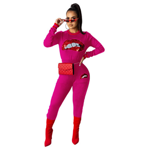 Casual Big Lips Sequins Pant Set