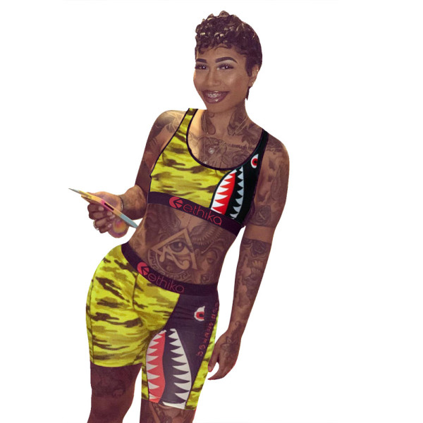Cartoon Camouflage Letter Print Vest Shorts Set