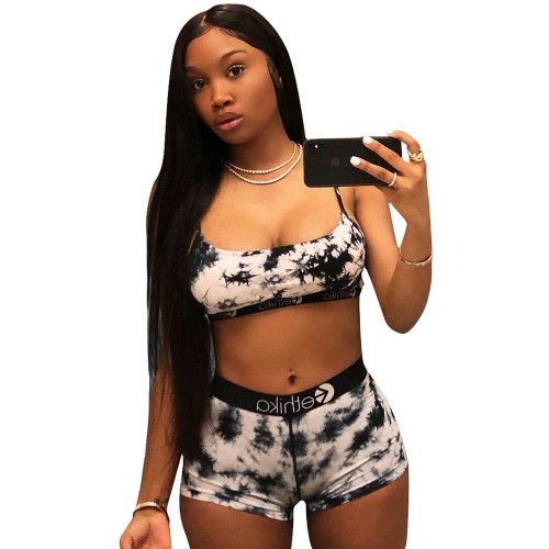 Casual Print Letter Straps Crop Top and Shorts
