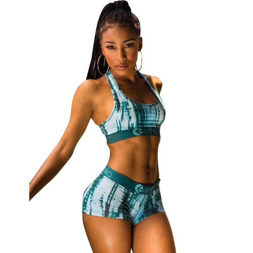 Casual Print Letter Vest Crop Top and Shorts