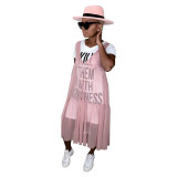 Letter Print Net Yarn Splicing Midi Dress