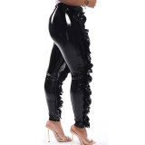 Ruffled PU Leather Trousers