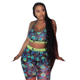 Casual Print Letter Vest Crop Top and Shorts