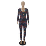Casual Long Sleeve Pattern Print Loungewear Jumpsuit
